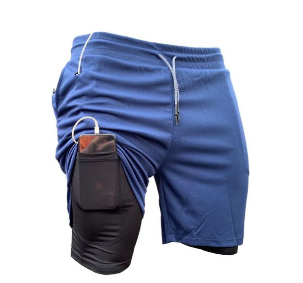 Pantaloncini sportivi per il tempo libero da uomo a doppio strato falso in due pezzi ad asciugatura rapida Capris tasca con cerniera in esecuzione può ascoltare le cuffie mentre si esercitano pantaloni da ciclismo da trekking