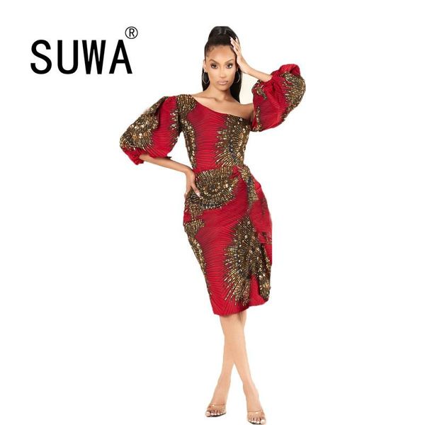 

red vintage printed retro women dresses for party and wedding midi slash collar puff sleeve bodycon wholesale casual, Black;gray