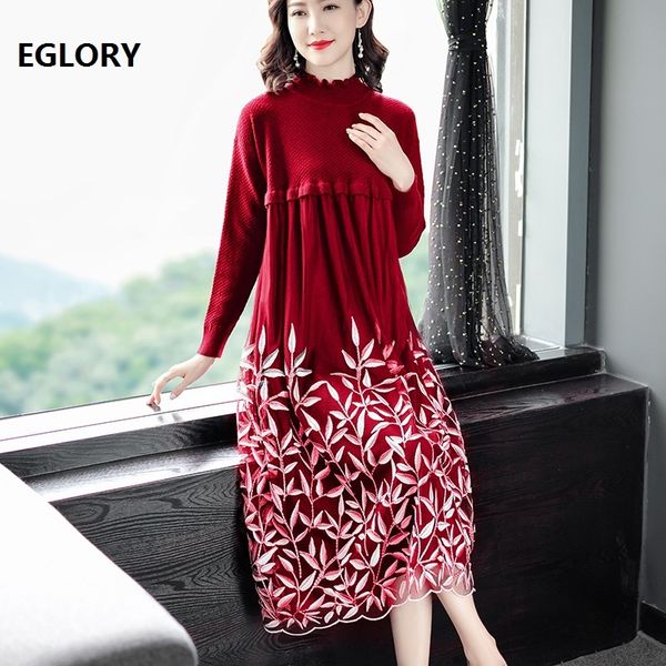 

dresses new long sweater autumn winter knit wear women leaves embroidery mesh patchwork casual knitted xxl, Black;gray