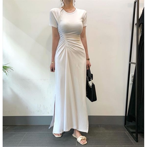 

women's knits & tees casual folds tight midi summer woman white black asymmetrical short sleeve o-neck calf length es for wom