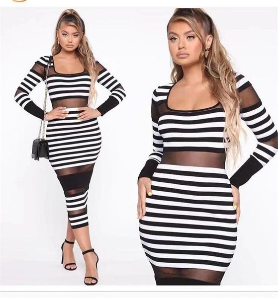 

casual dresses long sleeve striped midi rayon bandage dress jacquard women night party, Black;gray
