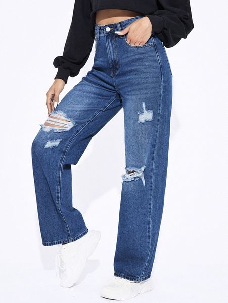 

ripped straight leg jeans 25uk#, Blue