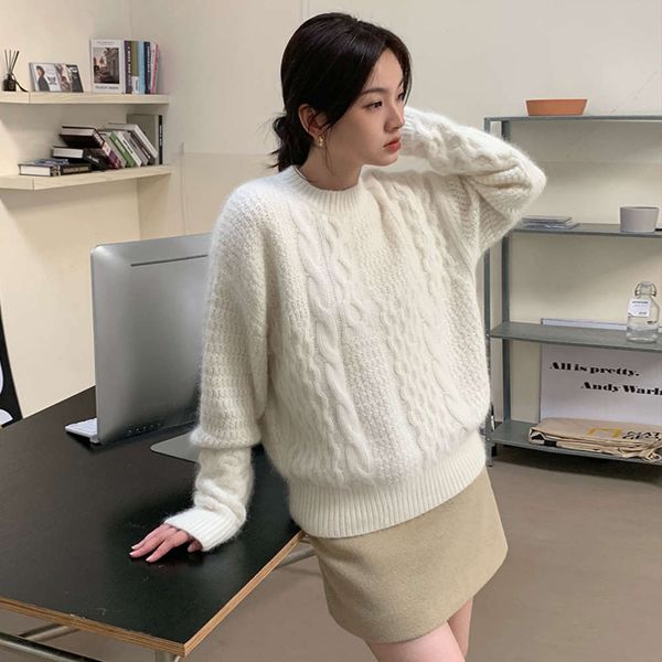 

[feno] korean solid color pullover rabbit hair women's sweater 2021 autumn and winter new waist closing thin sweater 895