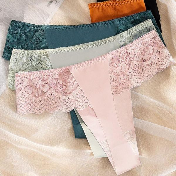 

women's panties soft seamless underwear for women female lace ice silk thong solid t-back lingerie g-string lady, Black;pink