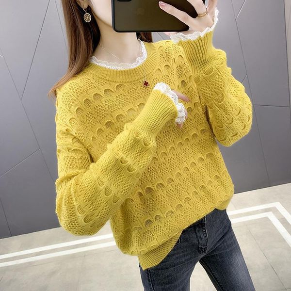 

women's sweaters fashionable temperament lace stitching loose hollow warm inner sweater women 2021 autumn knitted, White;black