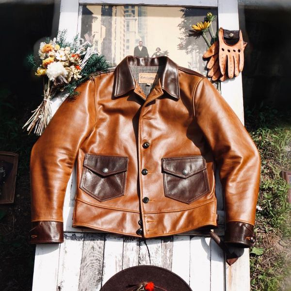 

men's leather & faux 1920s retro true jacket calfskin double puzzle men brief paragraph, Black