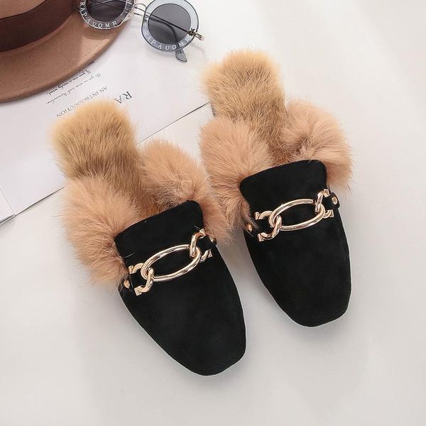 

slippers b1-5 size 33-43 woman fashion metal chain female faux fur slingback slides women thick heels shoes ladies autumn shoe, Black