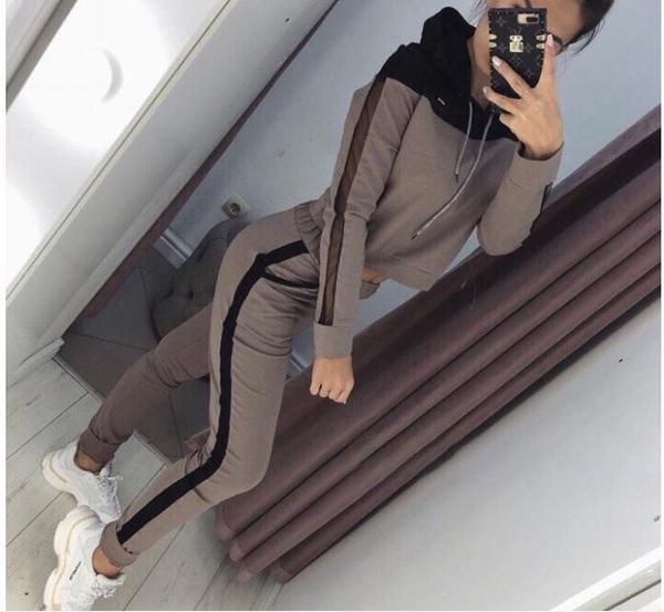 

two piece dress 2 set women hoodies pant clothing net yarn splicing ladies tracksuit pants suit female, White