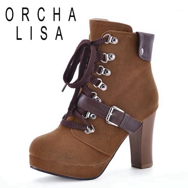 

boots orchalisa 2021 ankle belt buckle flock zip lace up patchwork platform nightclub block heel blue brown green black a45181