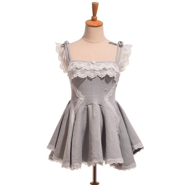 

girls lolita slim mini dress spaghetti strap lace trim short ballet black/grey casual dresses, Black;gray