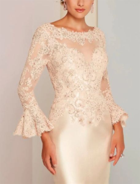 

sheath / column mother of the bride dress plus size elegant vintage jewel neck knee length lace satin long sleeve with lace 2022, Black;red