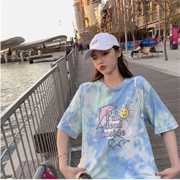 

kawaii cartoon pink short sleeve crop dolphin print summer casual cute women t shirt tee fashion clothes harajuku aesthetic women's t-s, White