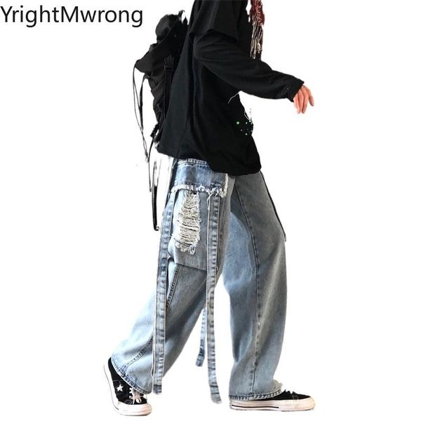 

men's jeans streetwear korean woman man ribbon strap ripped hole pocket loose straight denim pant baggy fashion hip hop punk harajuku, Blue