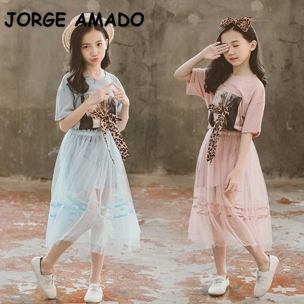

spring teenagers girls 2-pcs sets bow t-shirt + gauze skirt sweet style children outwear clothes e9679 210610, White