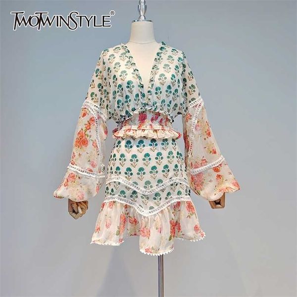 

twotwinstyle print vintage two piece set for women v neck lantern long sleeve high waist mini skirt casual sets female style 211109, White