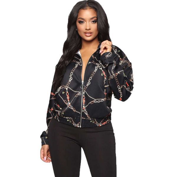 

2020 long sleeve print women's zipper jacket, Black;gray
