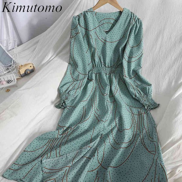 

kimutomo elegant dot dress women spring korean style female v-neck color contrast split high waist puff sleeve vestidos 210521, Black;gray