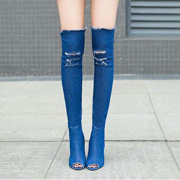 

boots fashion autumn women high heels thigh female shoes over the knee peep toe cowboy denim 785, Black