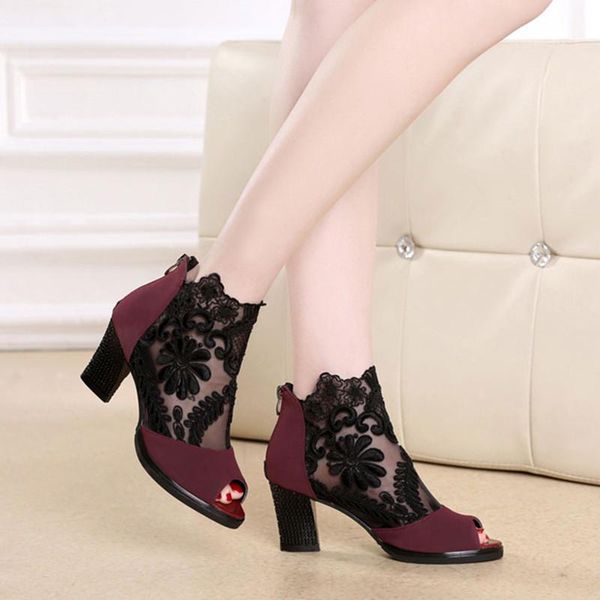 

sandals spring summer women mesh peep toe heeled heels single shoes gauze mujer female party pumps, Black