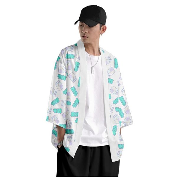 Roupas étnicas masculinas japonês tradicional quimono cardigan padrão de leite de mulher bathrobe nine-point calça terno