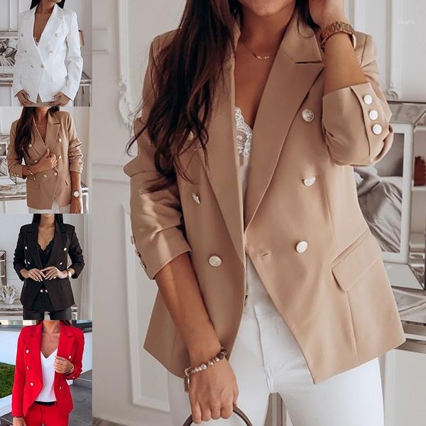 

office ladies turn down collar long sleeve blazer 2021 spring autumn women double breasted jacket female business suits coat women's &, White;black