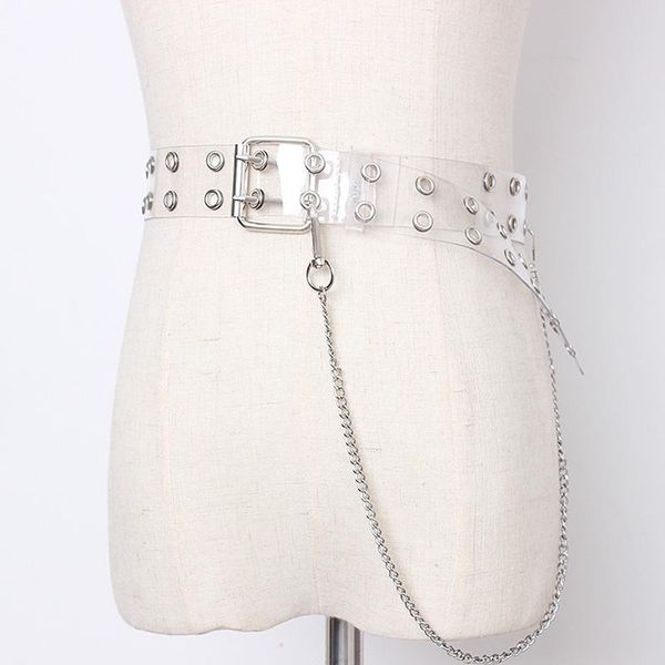 

belts fashion punk women transparent with chain colorful clear single double row hole waist straps jeans female girl waistband, Black;brown