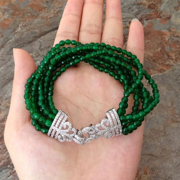 

yygem 8'' natural 4mm faceted round green jade bracelet cubic zirconia pave clasp office style for women, Golden;silver