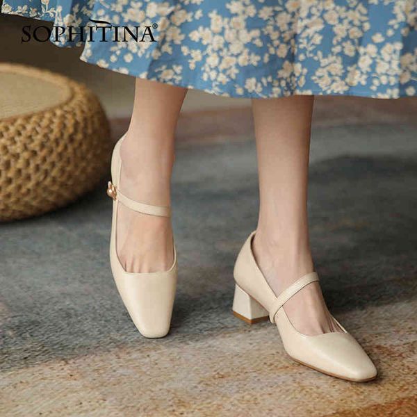 

sophitina pumps women flower mary janes genuine leather female shoes thick heel tpr retro office job elegant lady shoes so993 210513, Black