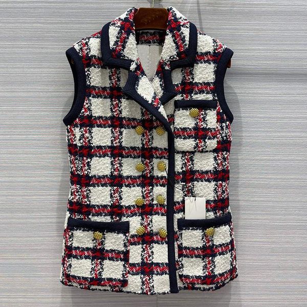 

women's vests vintage position plaid tweed vest coat woman double breasted buttons pockets sleeveless jacket lady 2021, Black;white