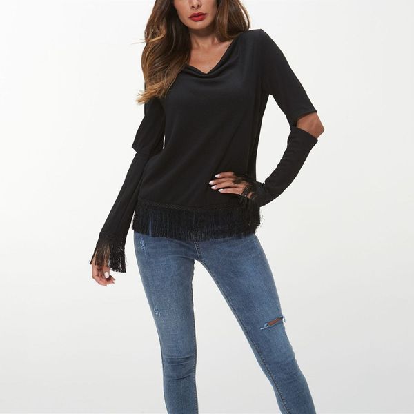 

women's plus size t-shirt long-sleeved shirt was thin v-neck tassels solid color shirt clothes, Black