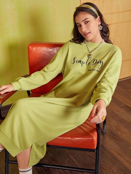 

slogan graphic split hem sweatshirt dress h91t#, White;black