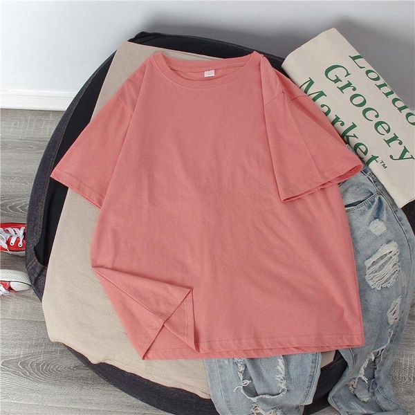 

women's t-shirt all-cotton 2021 summer candy color solid couple's short-sleeved loose female ins fashion shirt, White