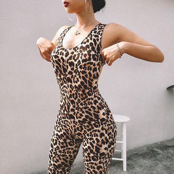 

women's jumpsuits & rompers women bodysuit fashion leopard piece o-neck sleeveless one backless body streetwear, Black;white