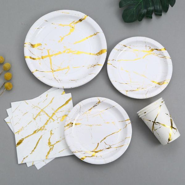 

disposable dinnerware marbled stamping tableware set gold white paper plate cup birthday party wedding bridal decorations supplies