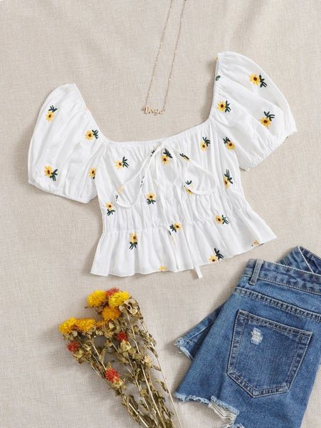 

puff sleeve tie front floral embroidered g7tm#, White