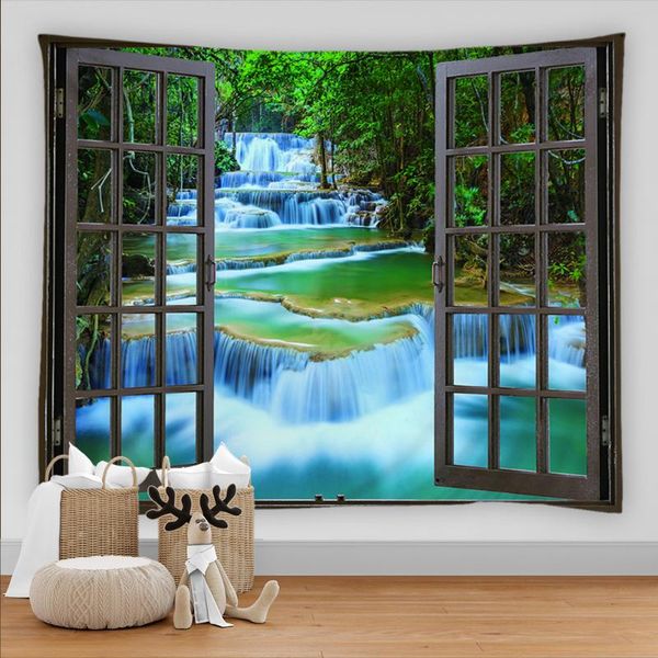 

tapestries beautiful forest outside the window waterfall scenery tapestry wall hanging printed boho bedroom rug blanket