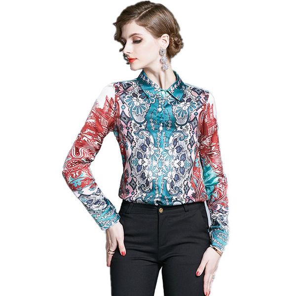

women's blouses & shirts 2021 arrival spring autumn women long sleeve blouse contrast color retro print runway shirt casual top, White