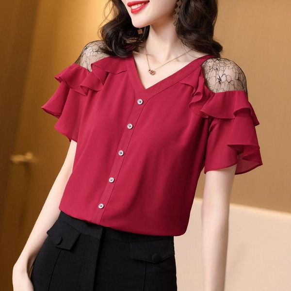 

women's blouses & shirts moyisu women chiffon shirt 2021 summer short sleeve red/black loose casual female blouse blusas, White