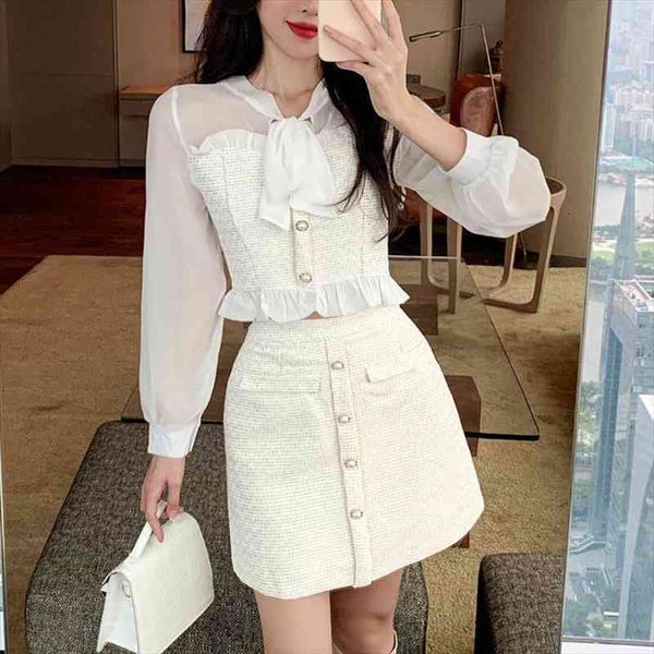 

autumn sweet korean suit two piece outfits for women lace up reffles short a-line mini skirts office lady 2, White