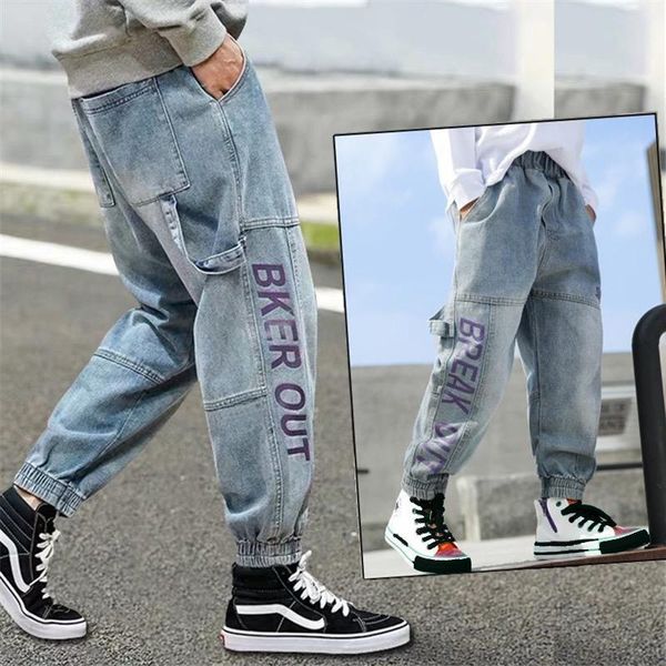 

mudipanda fahion cool personality boy fashion jeans high street trend letter printing loose spring autumn 2021, Blue