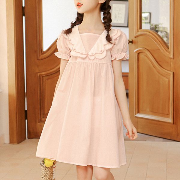 

summer bow solid girl dress children casual short sleeve pullover kid dress fashion cute doll collar puff sleeve princess dress, Red;yellow