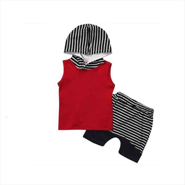 

2pcs 0 4y fashion active newborn toddler baby cotton sleeve hooded pullover red shirt striped short pants outfit summer, White