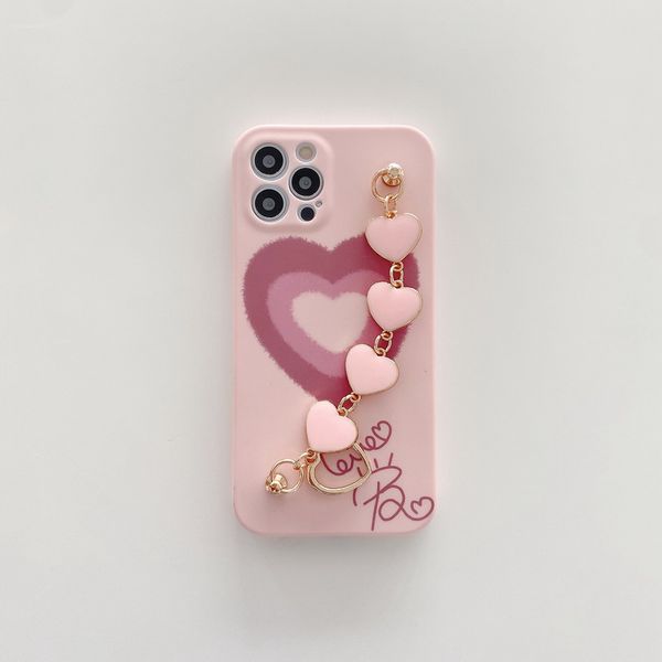 

pink love heart pattern tpu phone cases with personality metal bracelet for iphone 12 11 pro promax x xs max 7 8 plus