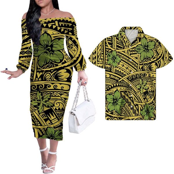 

casual dresses hycool polynesian tribal hawaii flower print long party dress off shoulder large size woman clothes couple set, Black;gray