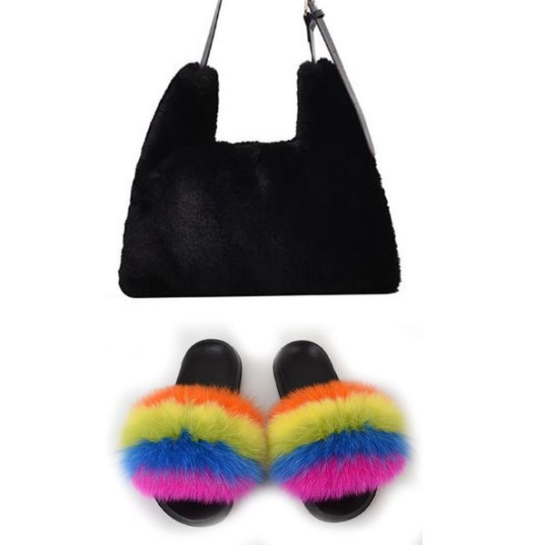 

furry slides and purse set real fur slippers bag extra fluffy women shoes with to match sandals for handbags in bulk, Black
