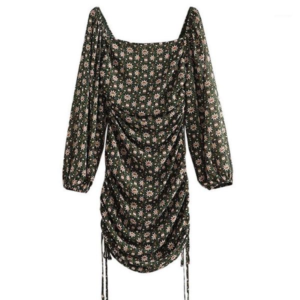 

casual dresses adherebling starry sky print summer puff sleeve square collar ruch back women bodycon mini dress drawstring side, Black;gray