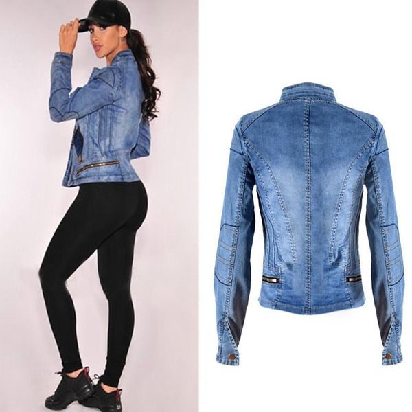 

women's jackets spring and autumn fashion women baseball stretch denim jacket multi-zipper short motor style female coats, Black;brown