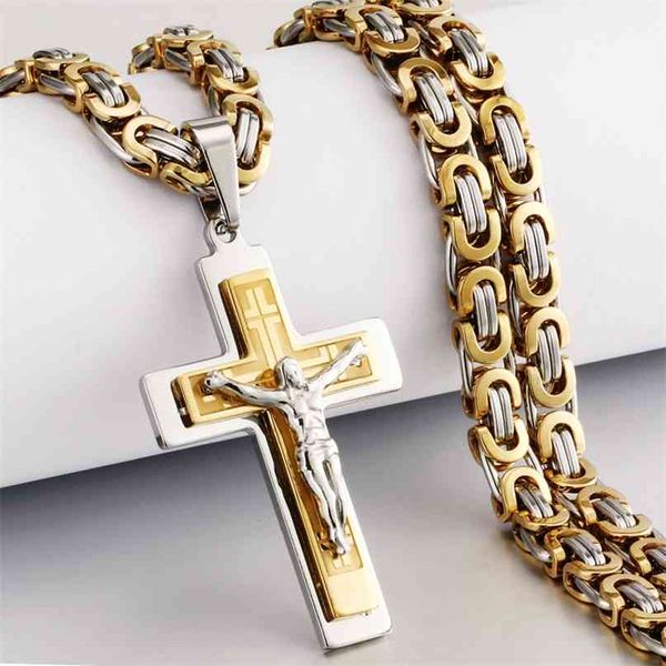 Religiosos Homens Aço Inoxidável Crucifixo Cruz Pingente Colar Pesado Byzantine Cadeia Colares Jesus Christ Holy Jewelry Presentes 210721