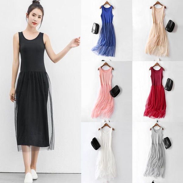 

summer yarn splicing dress women sleeveless boho beach thin mesh sundress fashion casual street wear modal comfort dresses, Black;gray