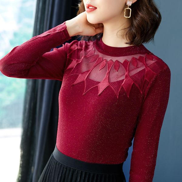 

korean women shirt blouses for long sleeve hollow out shirts female black lace pullover blouse woman basic 210427, White